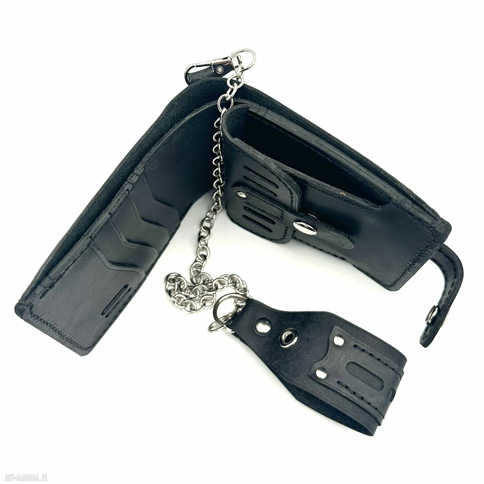 portfele: Czarny portfel skórzany na bilon ręcznie uszyty z łańcuszkiem do paska
