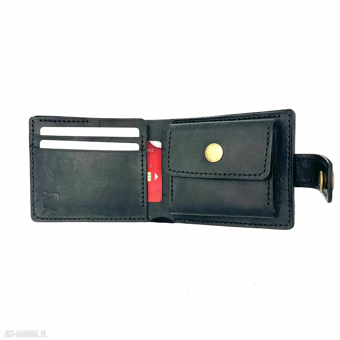 Czarny portfel skórzany bilon ręcznie uszyty duży męski karty