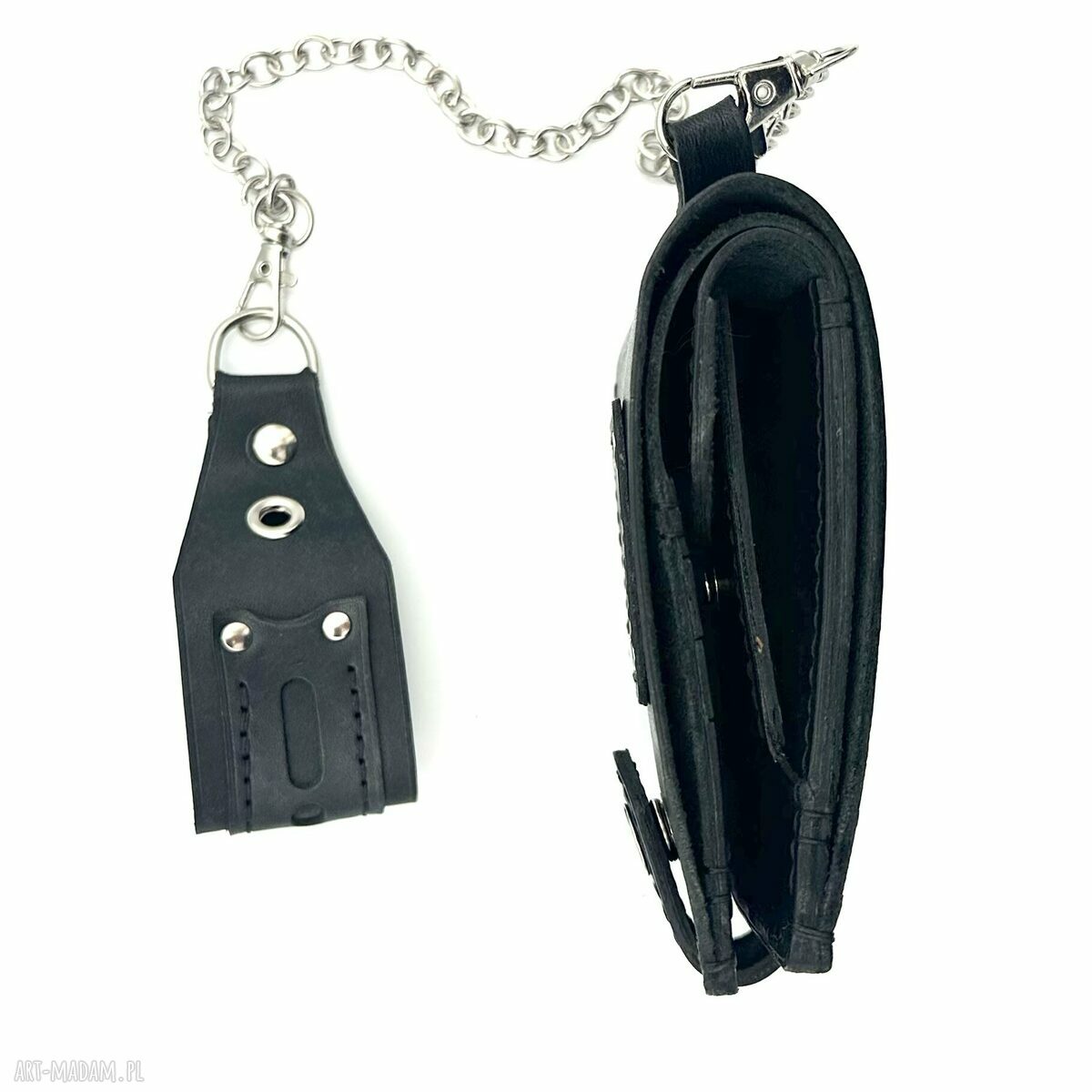 portfele: Czarny portfel skórzany na bilon ręcznie uszyty z łańcuszkiem do paska