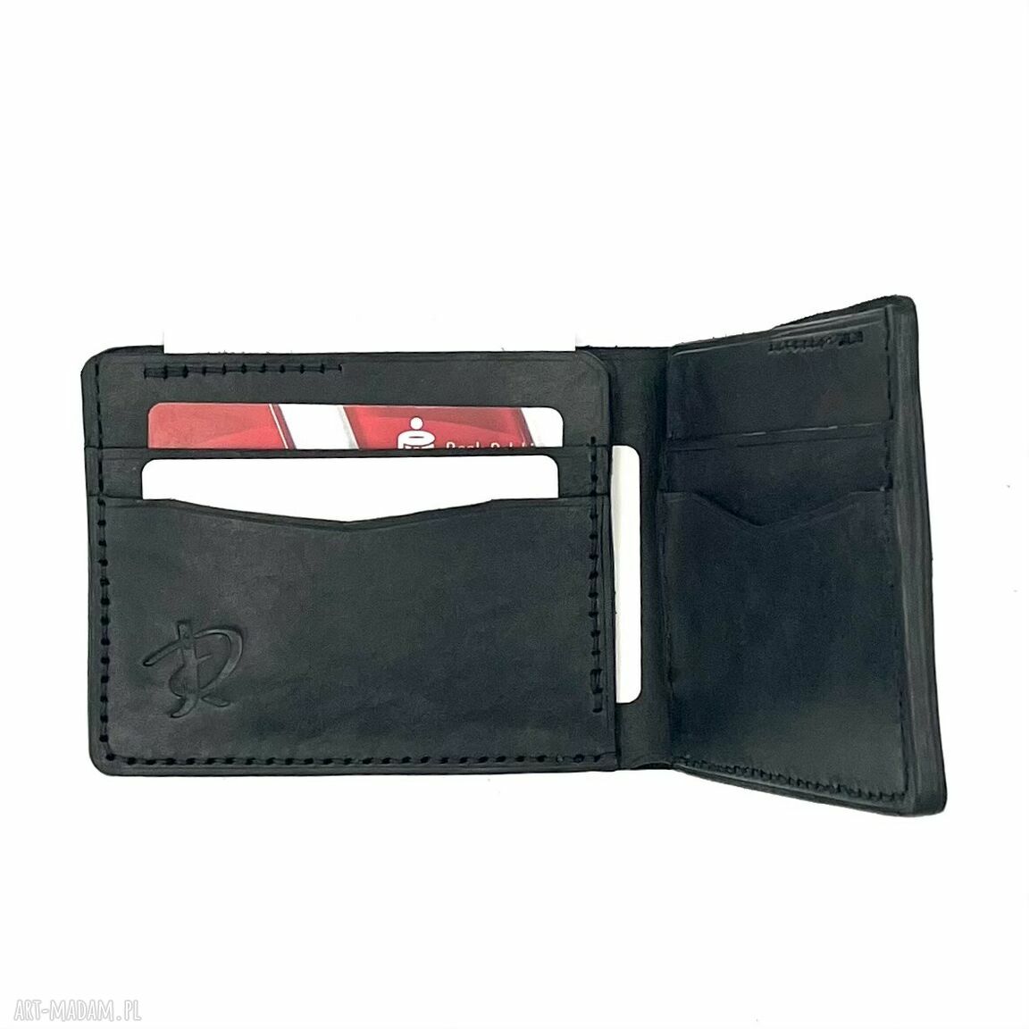 portfele: Czarny portfel skórzany ręcznie uszyty. hand made