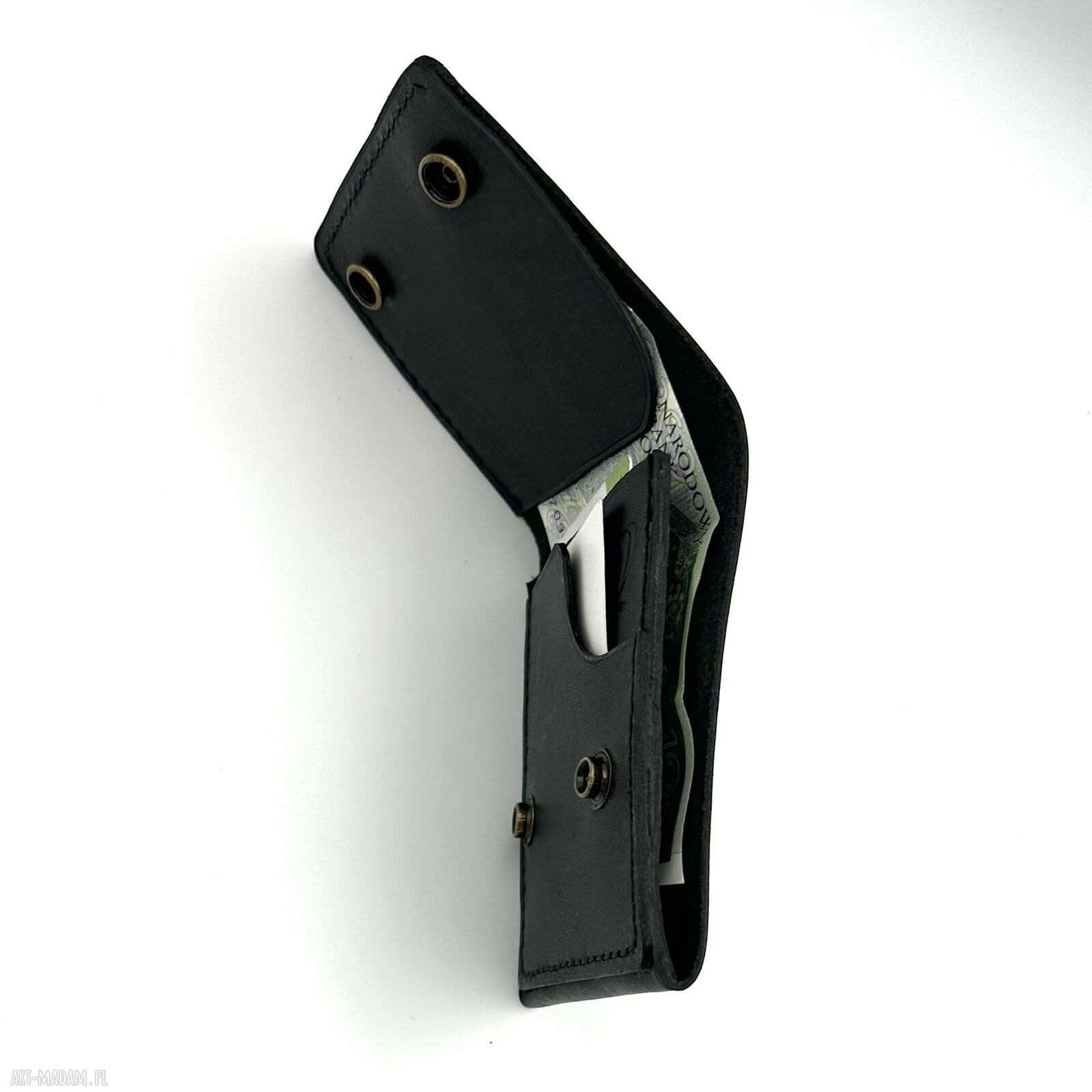 portfele: Czarny portfel skórzany ręcznie uszyty na karty i banknoty. handmade