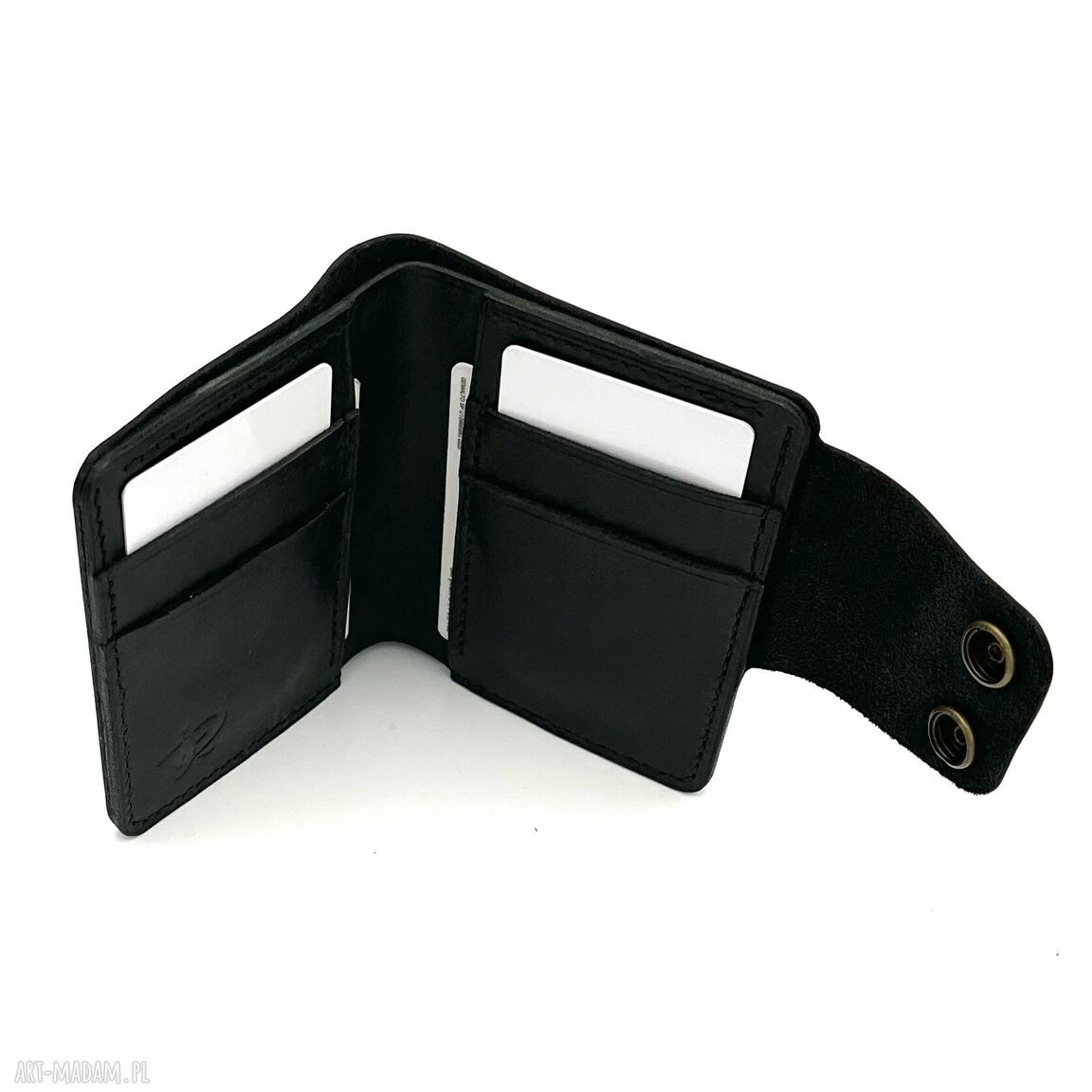 portfele: Czarny portfel skórzany uszyty na karty i banknoty. ręcznie robione