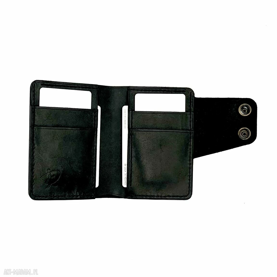 portfele: Czarny portfel skórzany uszyty na karty i banknoty. ręcznie robione