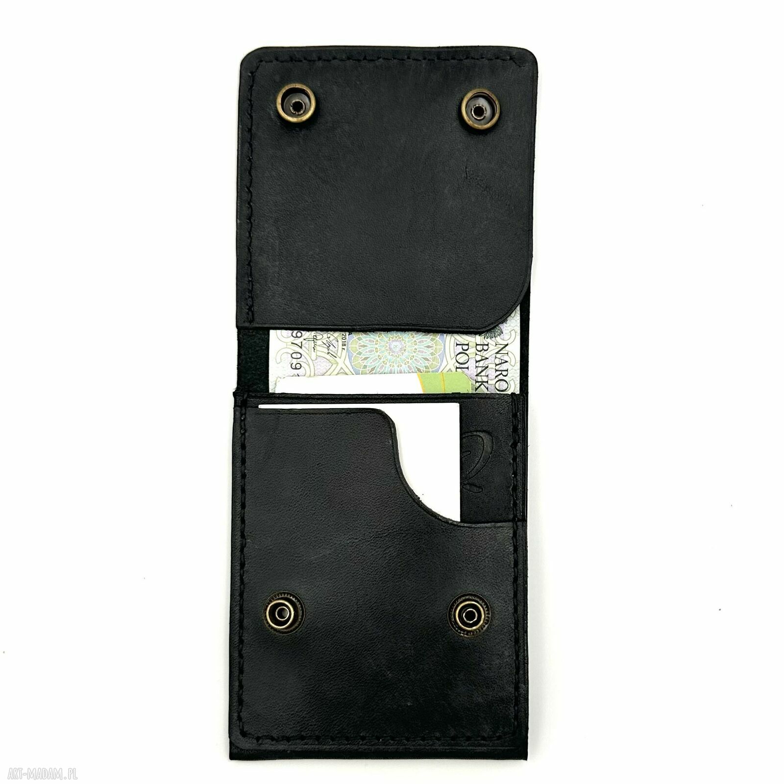 portfele: Czarny portfel skórzany ręcznie uszyty na karty i banknoty. handmade