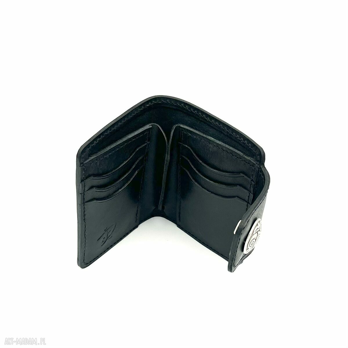 portfele: Czarny portfel skórzany z ozdobnym „Concho” ręcznie uszyty. HandMade