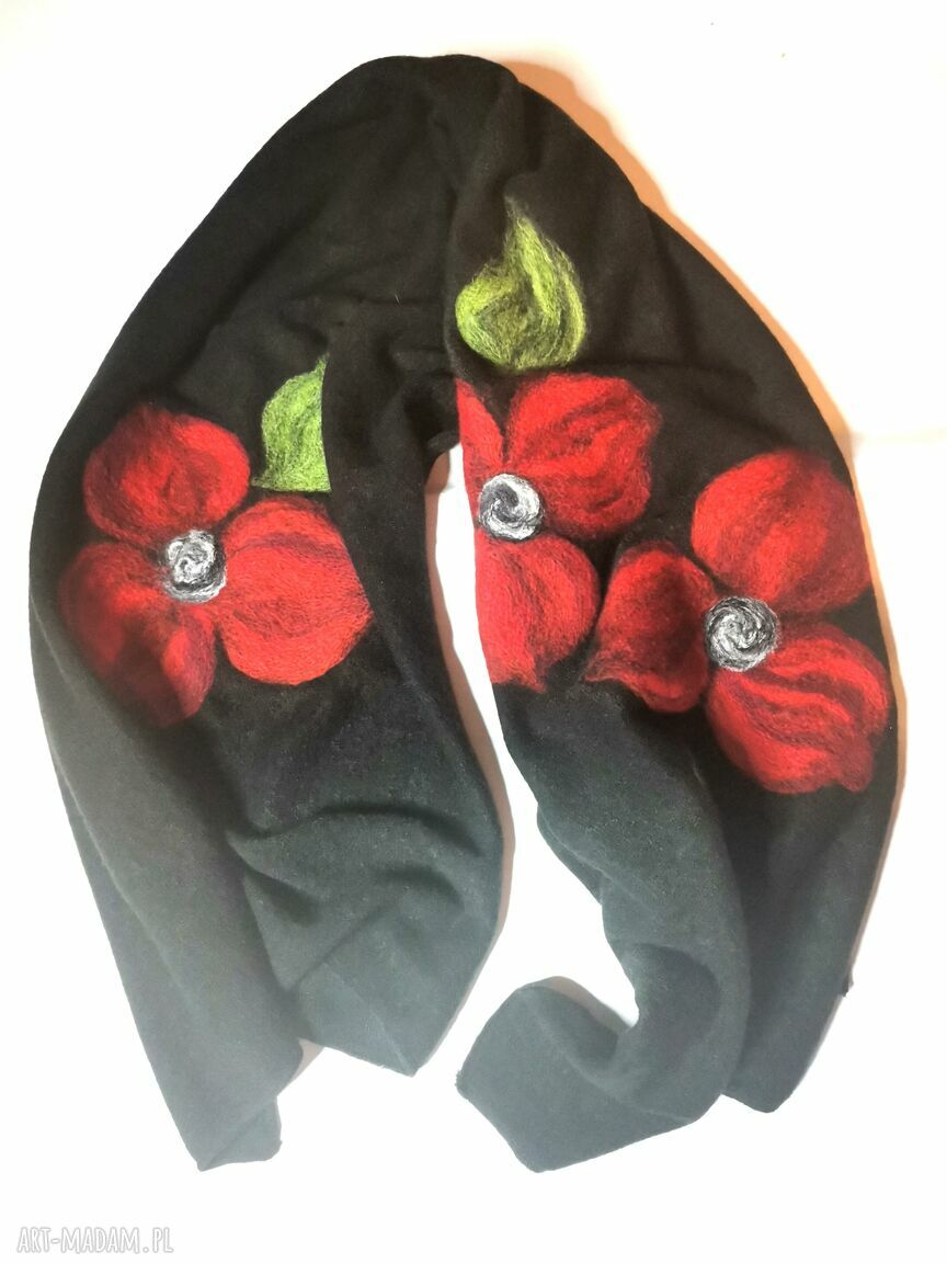 Czarny szal damski boho z wełny merynosów - ciepły długi komin w kwiaty, handmade