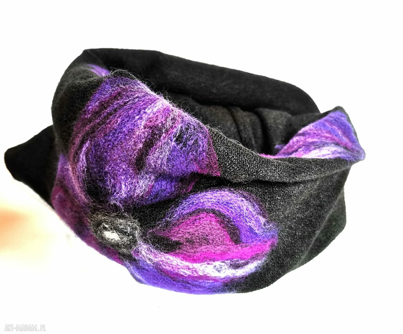 Czarny wełniany komplet w kwiaty - filcowana czapka (59-61 cm) i komin Boho Frida