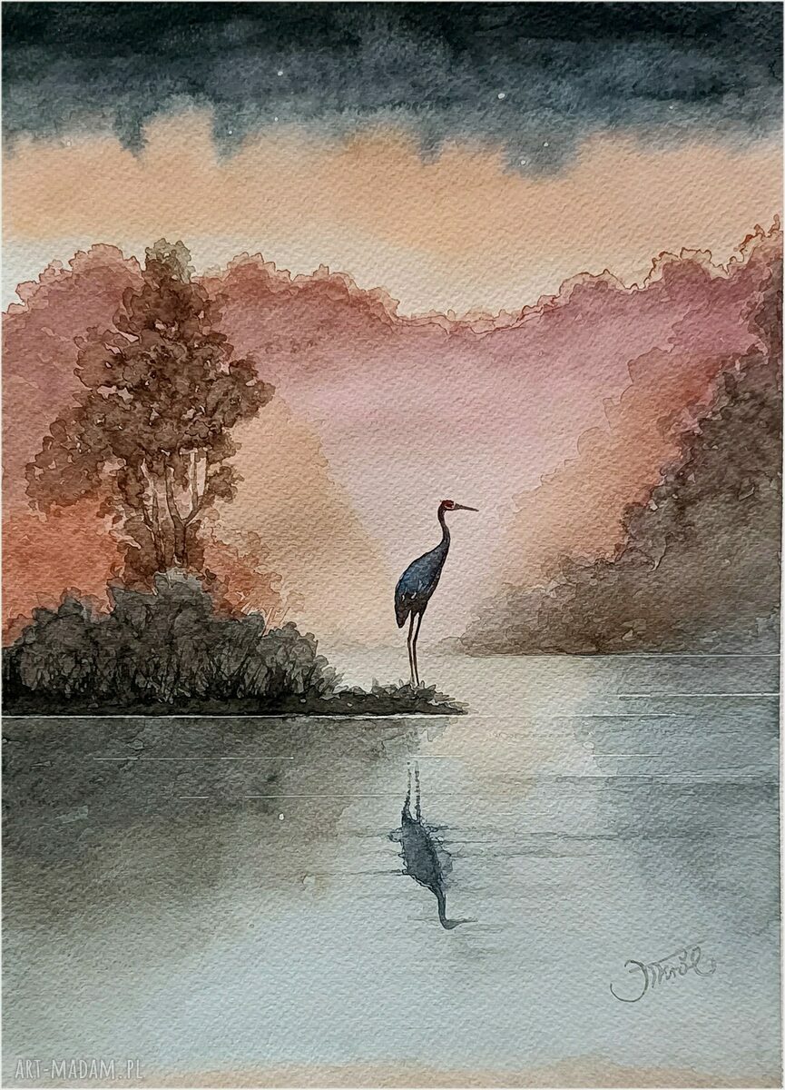 Czas żurawia o świcie - oryginalna akwarela 23x32 cm