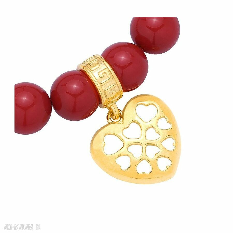 bransoletki: Czerwona bransoletka perły ze złotym serduszkiem Ręczne wykonanie