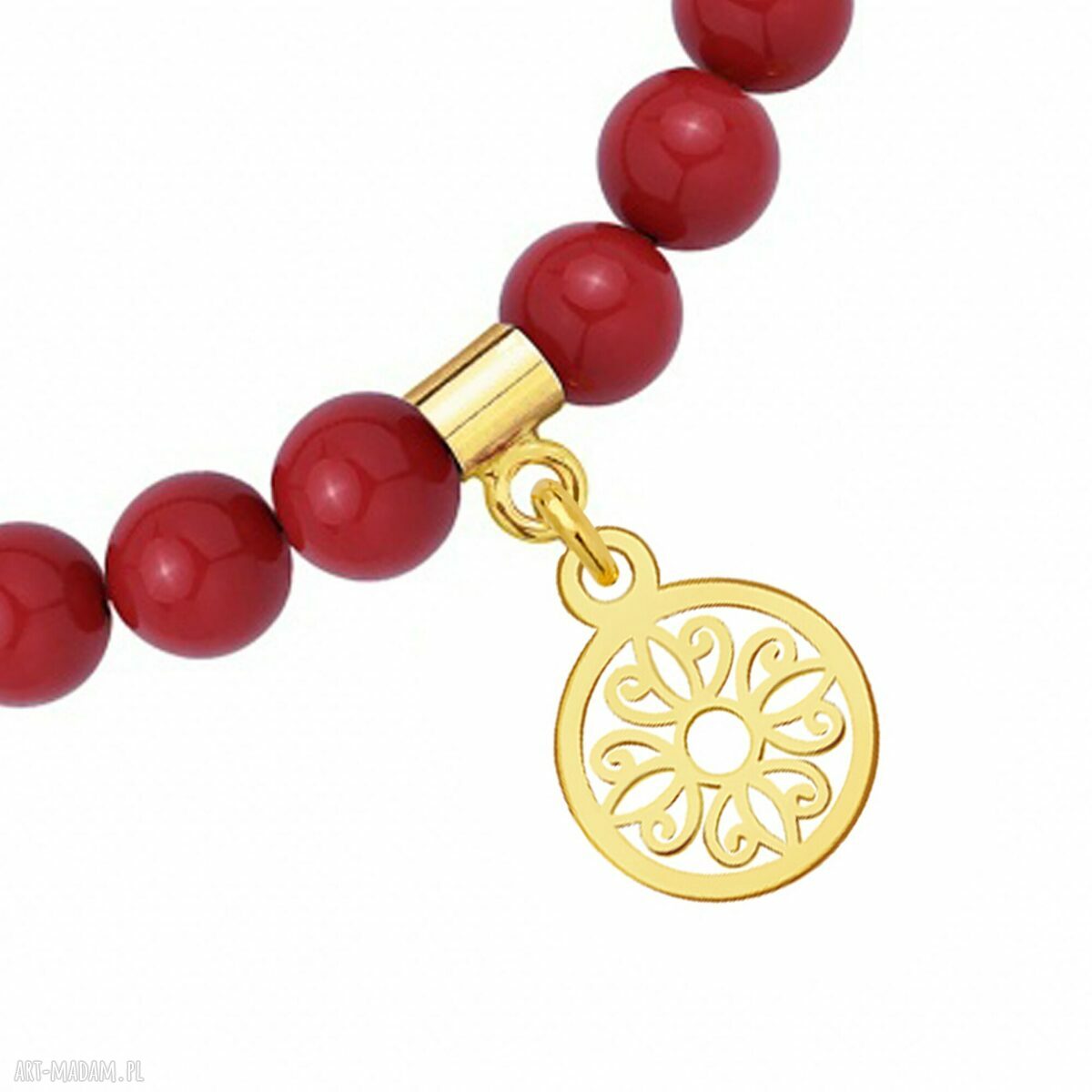 bransoletki: Czerwona bransoletka z pereł SWAROVSKI® CRYSTAL ze złotą rozetką Hand Made