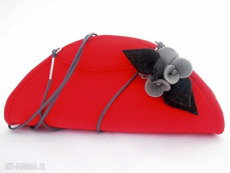 Czerwona Mała Torebka z Szarymi Bratkami HandMade