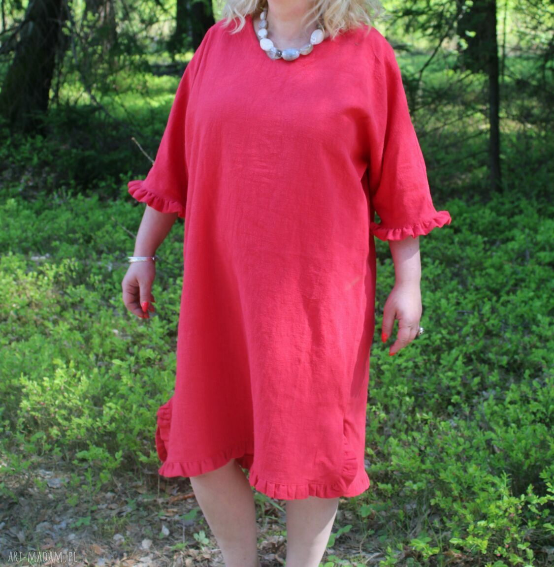 Czerwona sukienka lniana z falbankami 100% len - oversize boho