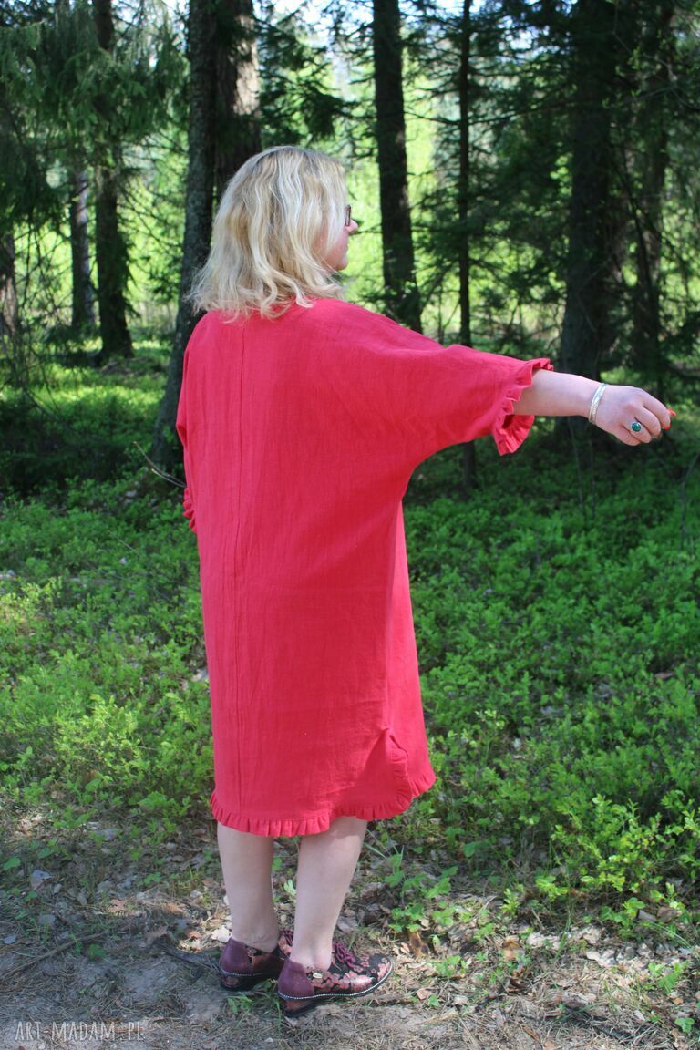 Czerwona sukienka lniana z falbankami 100% len - oversize boho