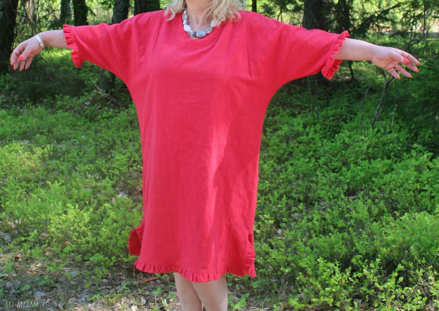 Czerwona sukienka lniana z falbankami 100% len - oversize boho