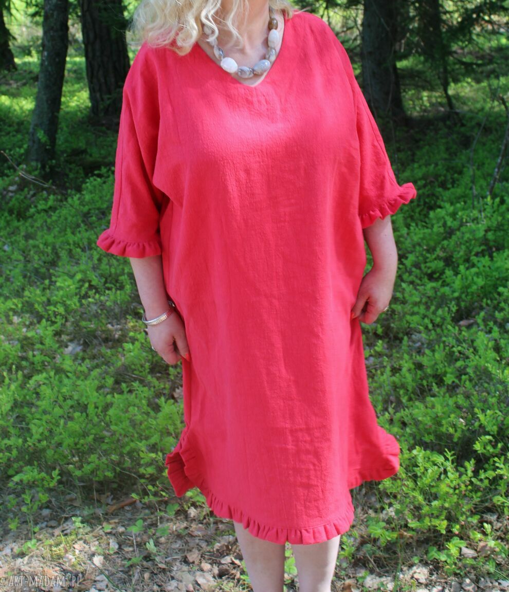 Czerwona sukienka lniana z falbankami 100% len - oversize boho