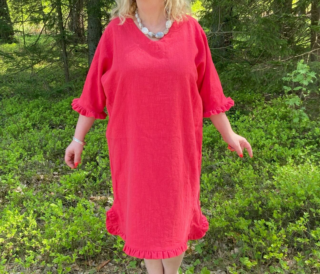 Czerwona sukienka lniana z falbankami 100% len - oversize boho