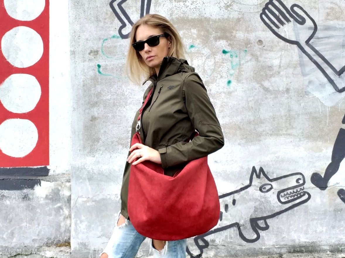 Czerwona torba worek z zamszu ekologicznego na ramię - duża i pojemna