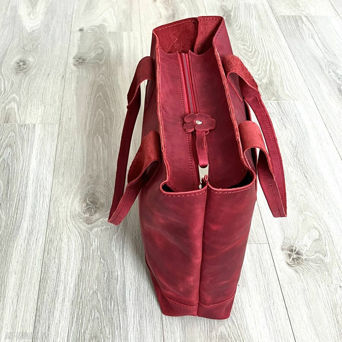 na ramię: Czerwona torba Shopperka ze skóry „Crazy Horse” ręczne wykonanie