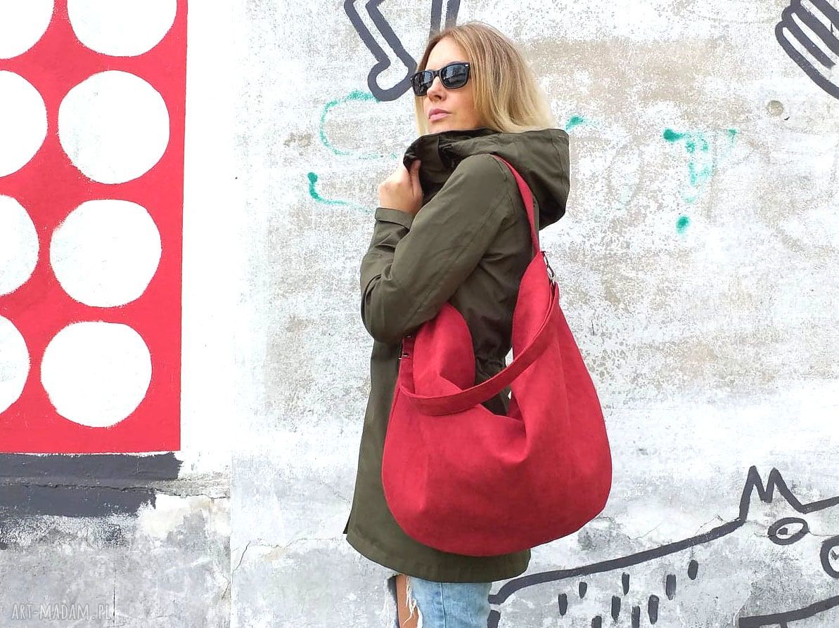 Czerwona torba worek z zamszu ekologicznego na ramię - duża i pojemna