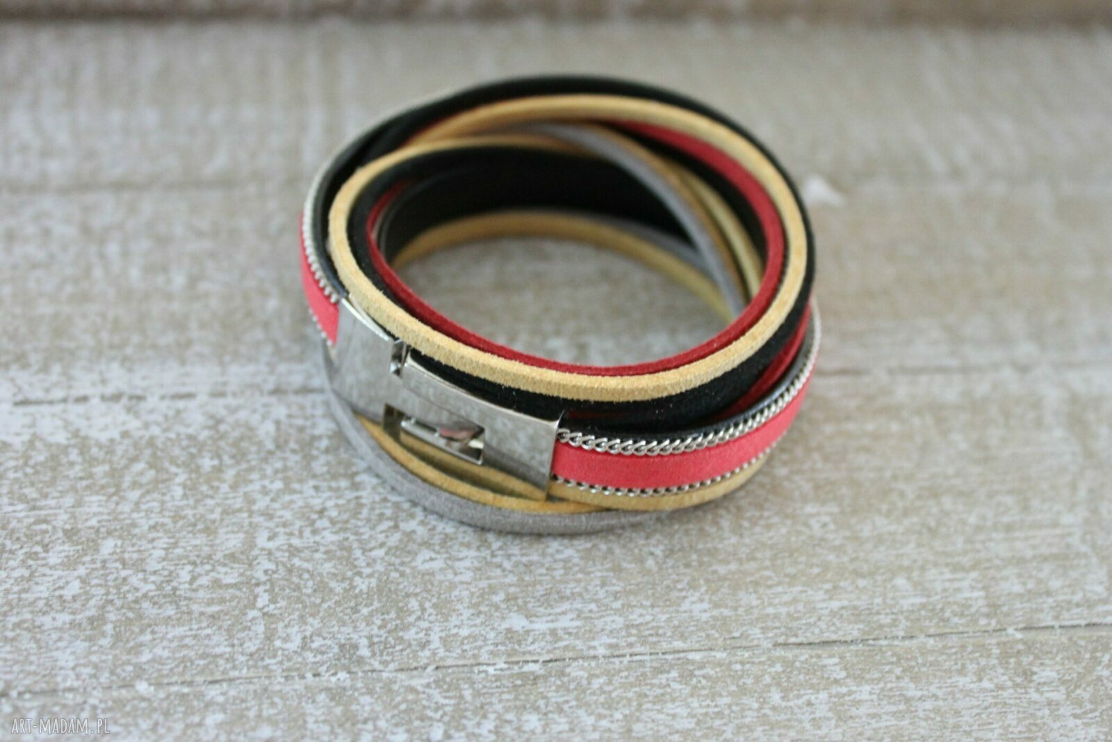 Czerwona zwijana bransoletka podwójna z ekozamszu - handmade