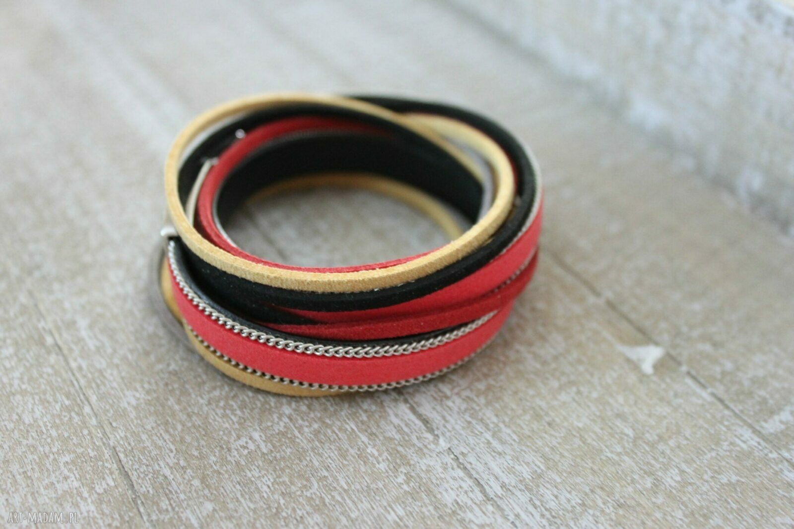 Czerwona zwijana bransoletka podwójna z ekozamszu - handmade