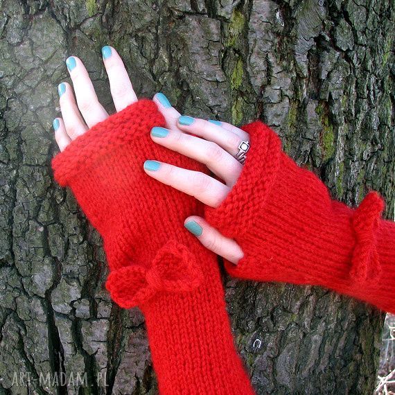 Czerwone długie mitenki - bezszwowe handmade z kokardą