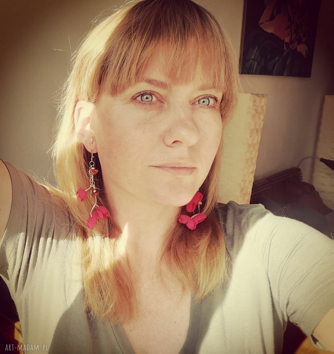 Kolczyki Frida - czerwone kwiaty, długie i lekkie