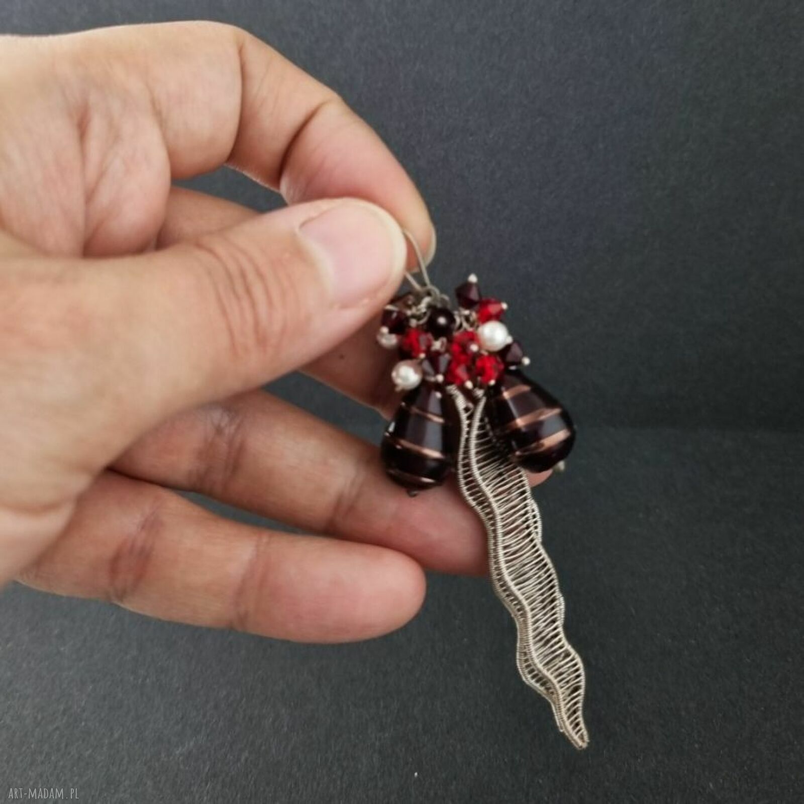 Czerwone grona - kolczyki lub klipsy ze srebra i kryształami Swarovski (wire wrapping)