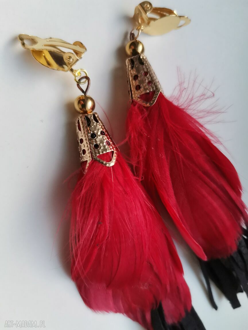 Klipsy czerwone pióra i eko skóra - styl Frida, boho etno folk