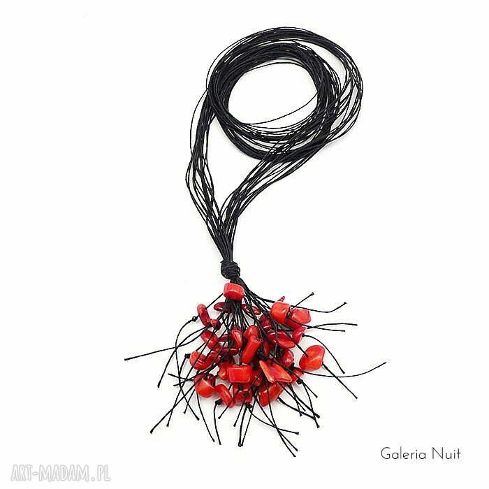 Czerwony koral i czarny len - długi naszyjnik handmade