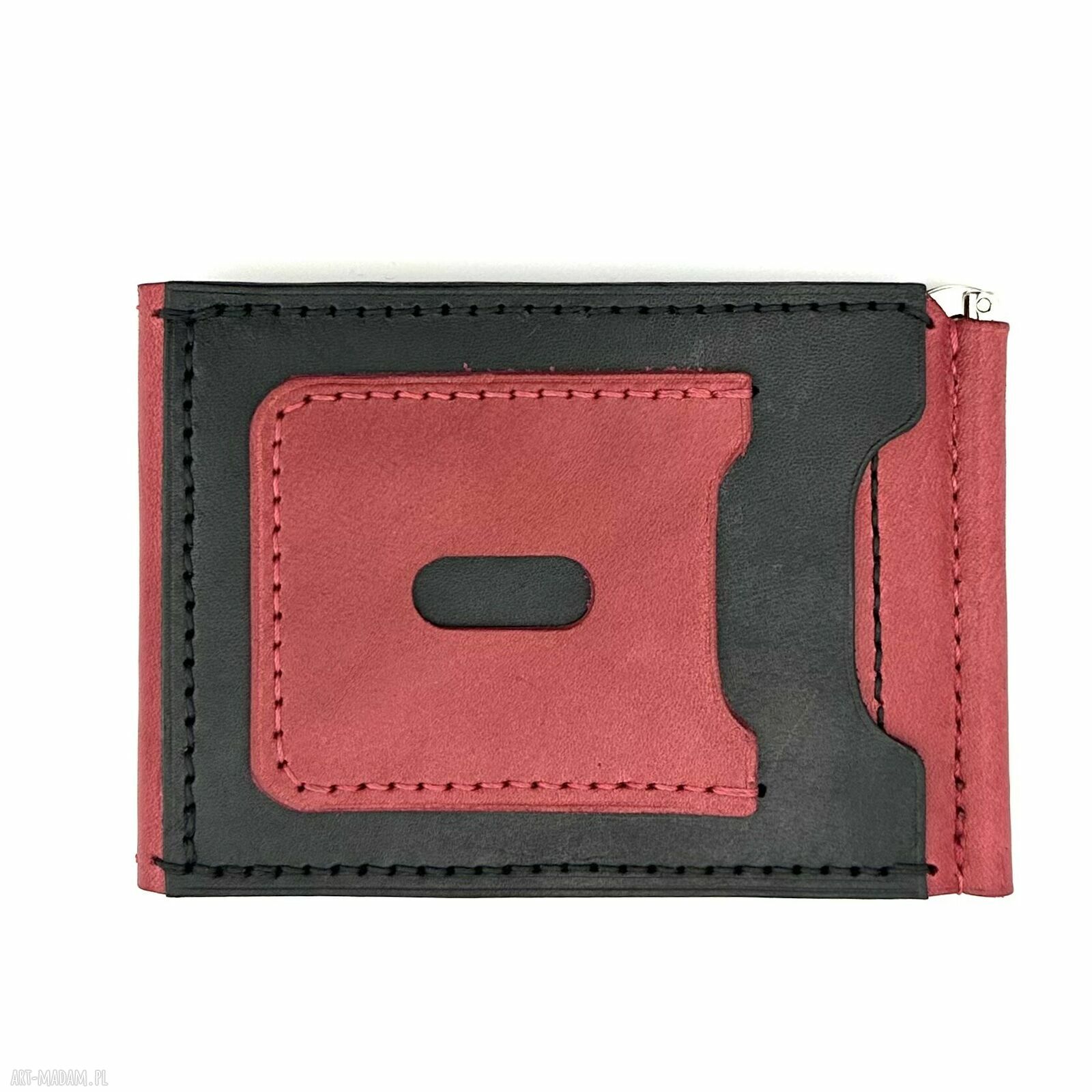 portfele: Czerwono czarny portfel na klips skórzany uszyty. ręcznie wykonane