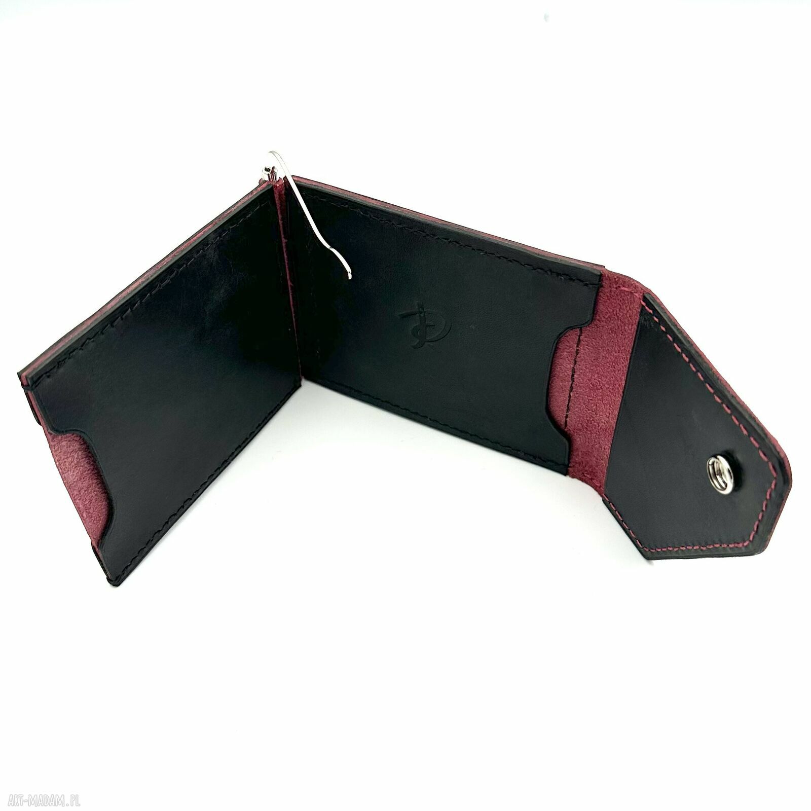 portfele: Czerwono czarny portfel na klips skórzany uszyty. ręcznie wykonane