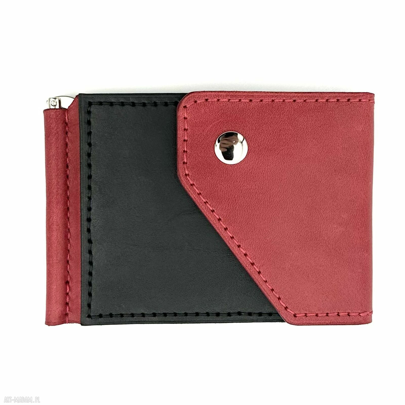 Czerwono czarny portfel klips skórzany ręcznie uszyty