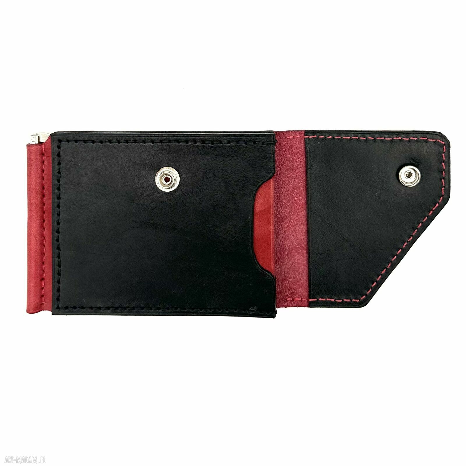 portfele: Czerwono czarny portfel na klips skórzany uszyty. ręcznie wykonane