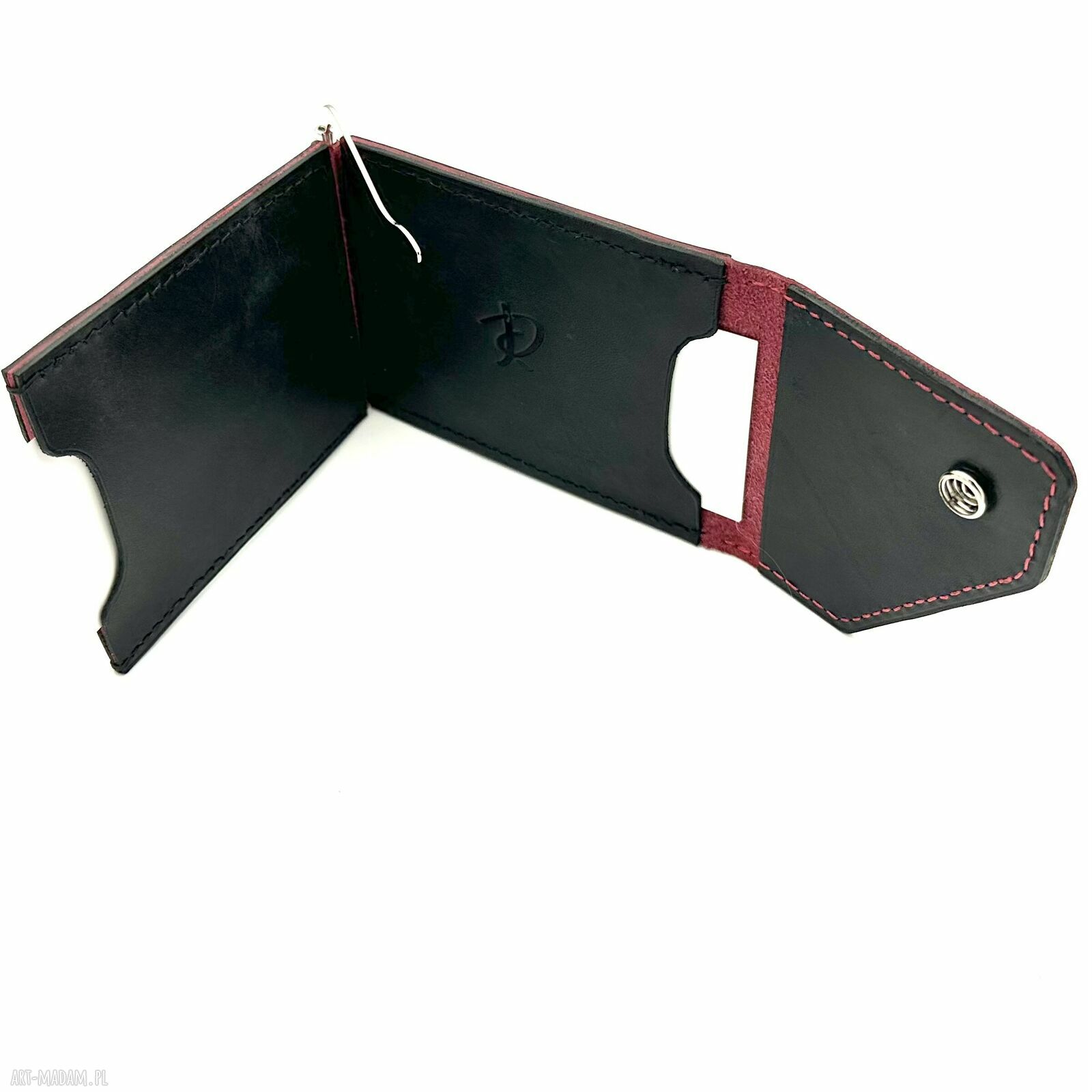 portfele: Czerwono czarny portfel na klips skórzany uszyty. ręcznie wykonane