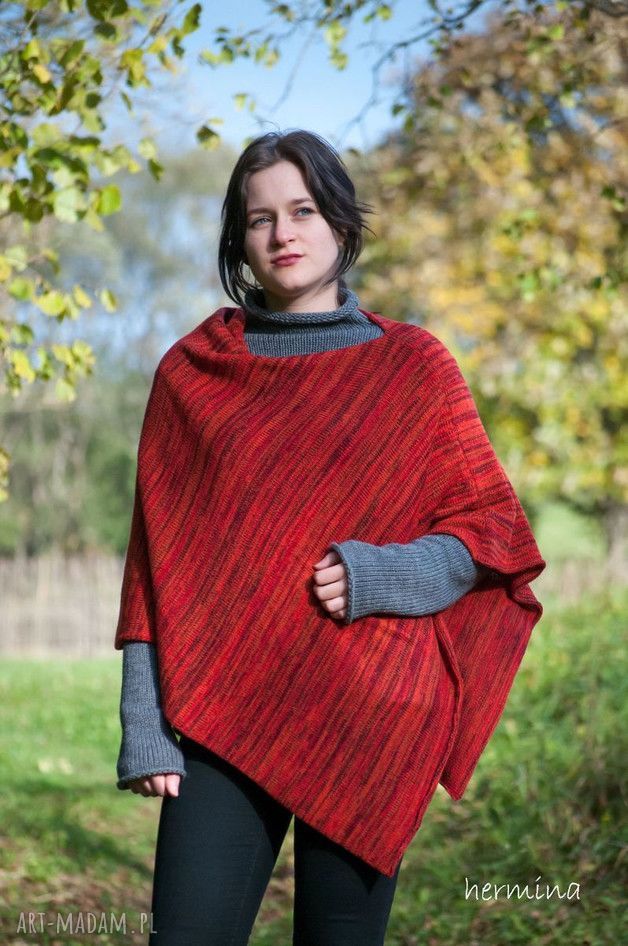 Ponczo oversize melanż czerwono-pomarańczowo-bordowe