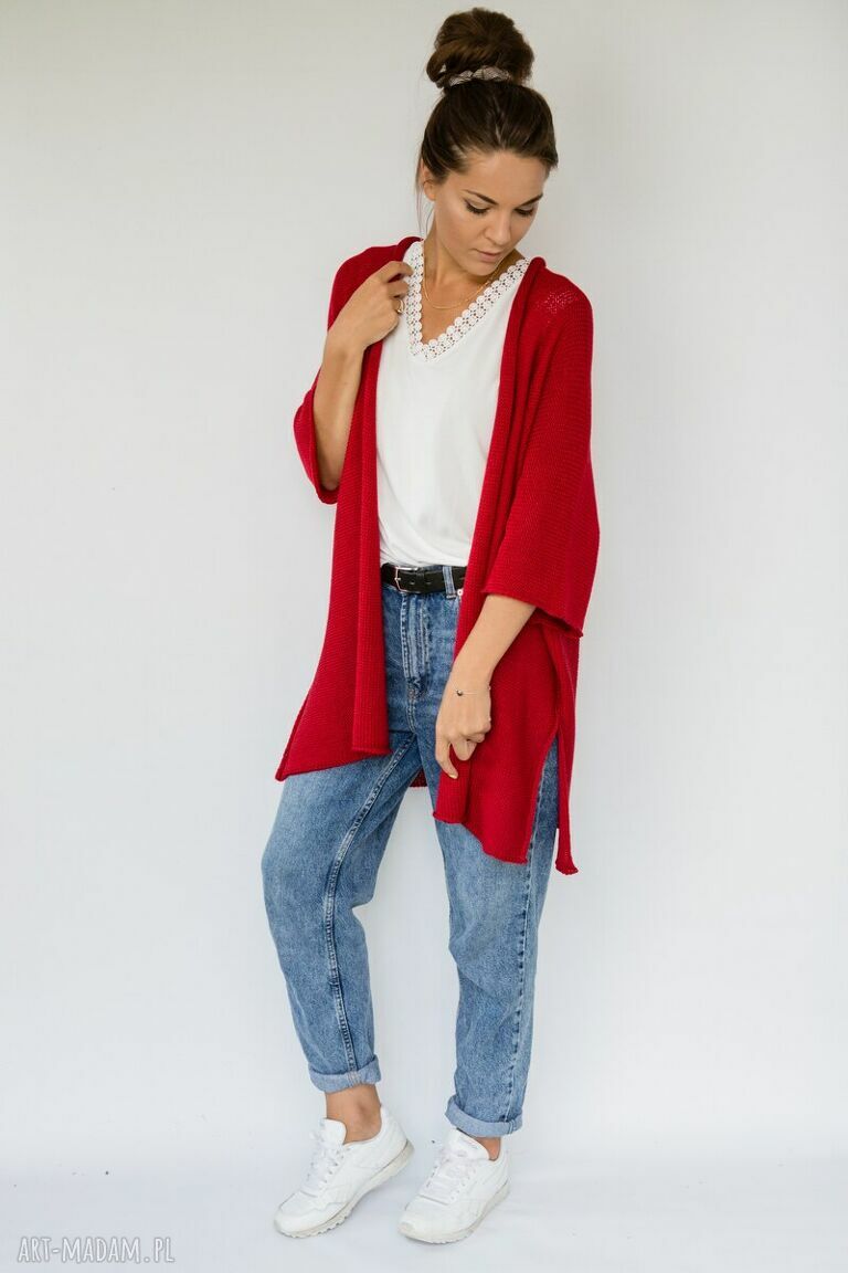 Czerwony kardigan oversize Hermina - narzutka handmade