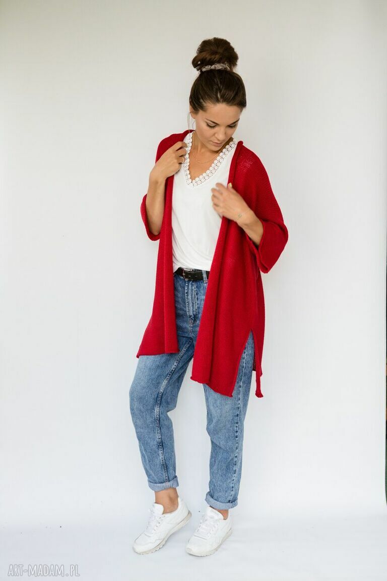Czerwony kardigan oversize Hermina - narzutka handmade