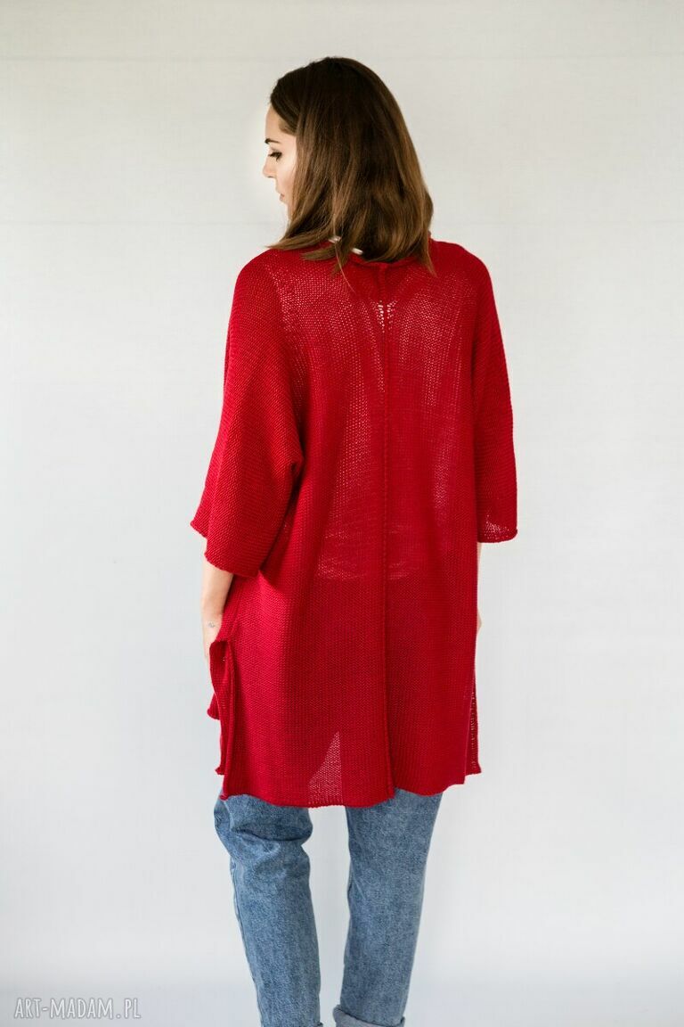 Czerwony kardigan oversize Hermina - narzutka handmade