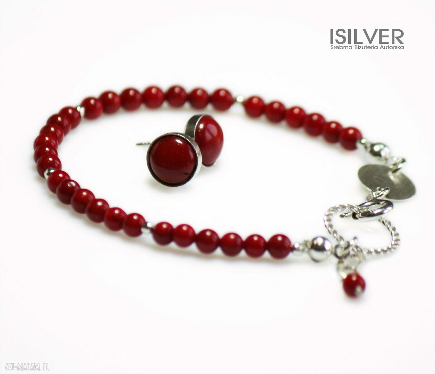 Czerwona bransoletka z korala mini - srebro handmade