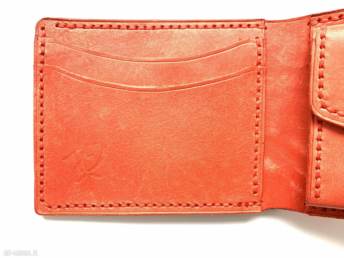 portfele: Czerwony portfel na bilon ze skóry ręcznie uszyty. Hand Made