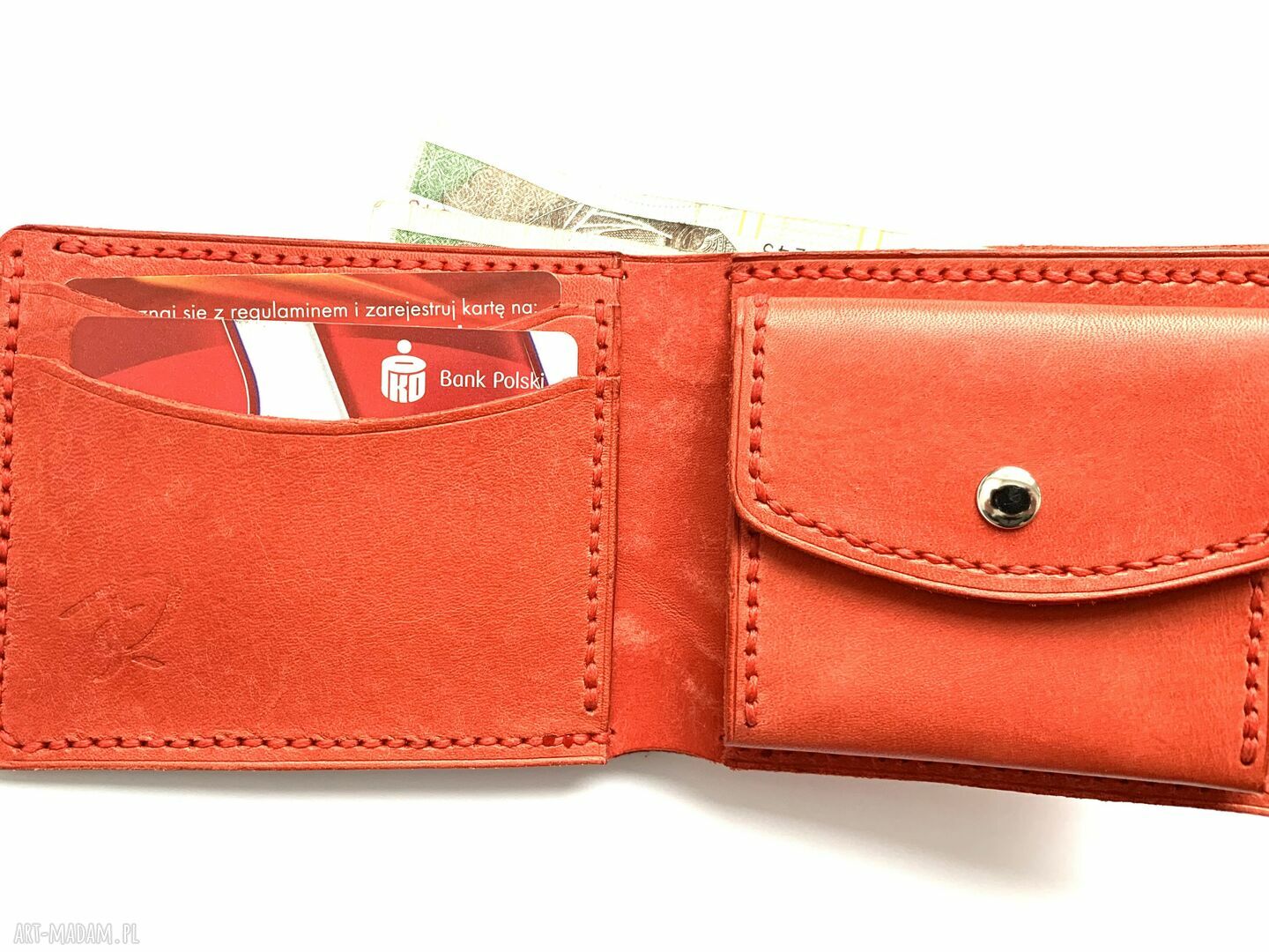 portfele: Czerwony portfel na bilon ze skóry ręcznie uszyty. Hand Made