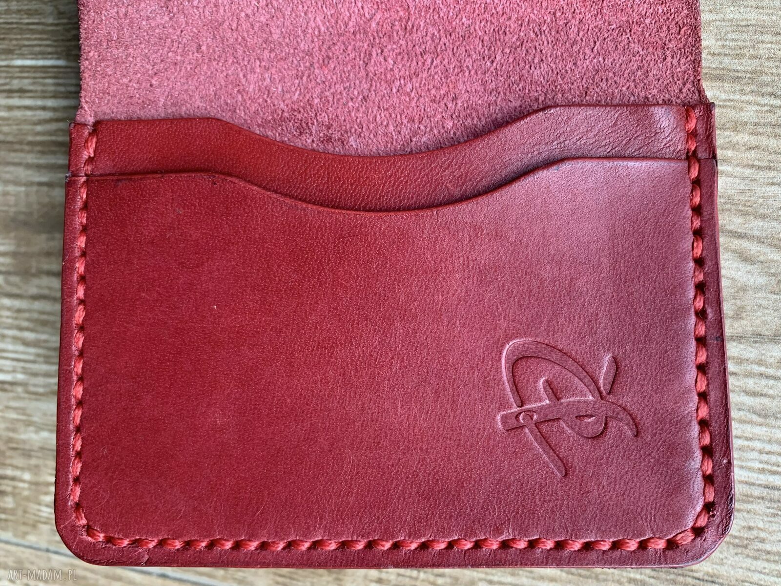 portfele: Czerwony portfel na karty ze skóry uszyty ręcznie. ręczne wykonanie