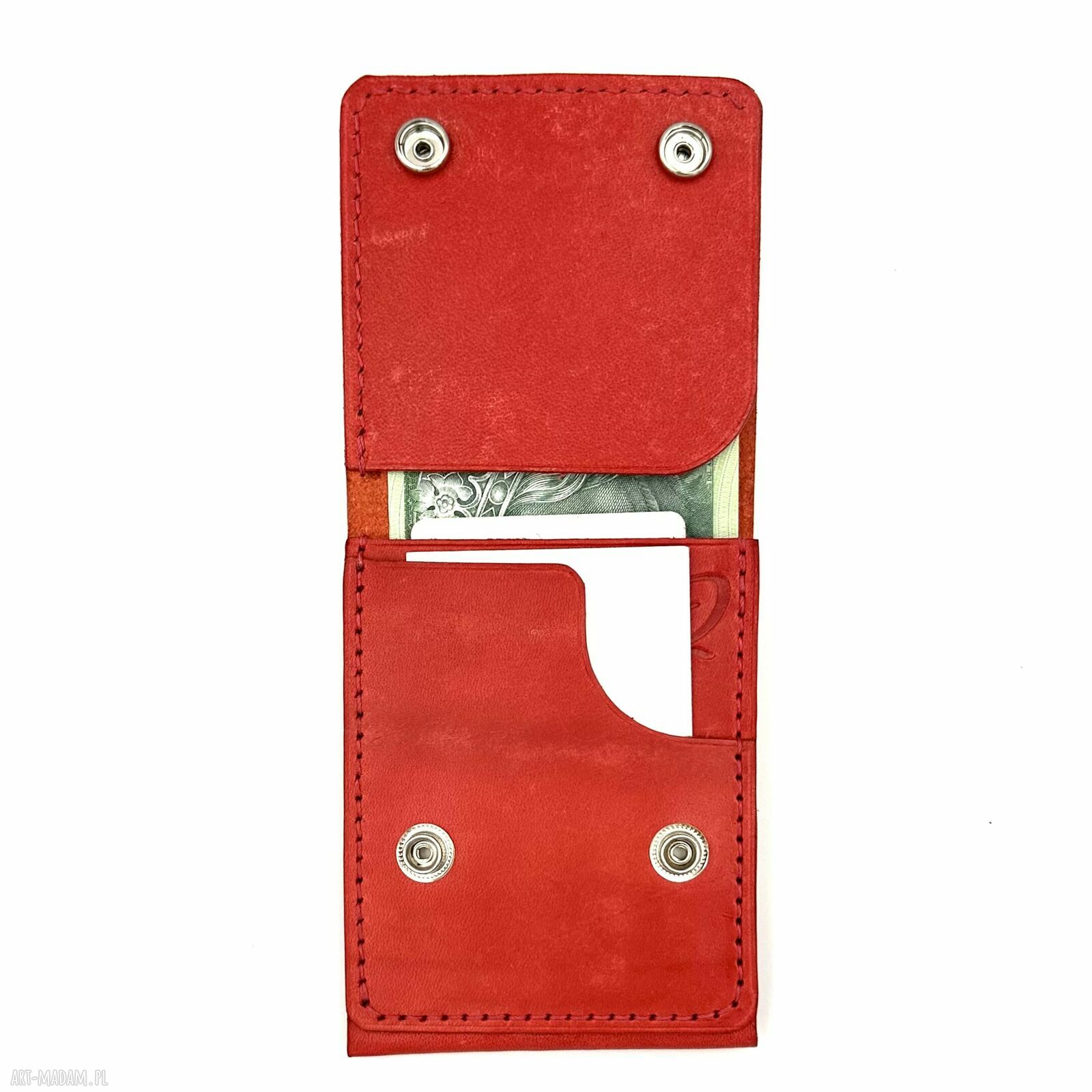 portfele: Czerwony portfel skórzany ręcznie uszyty na karty i banknoty. handmade