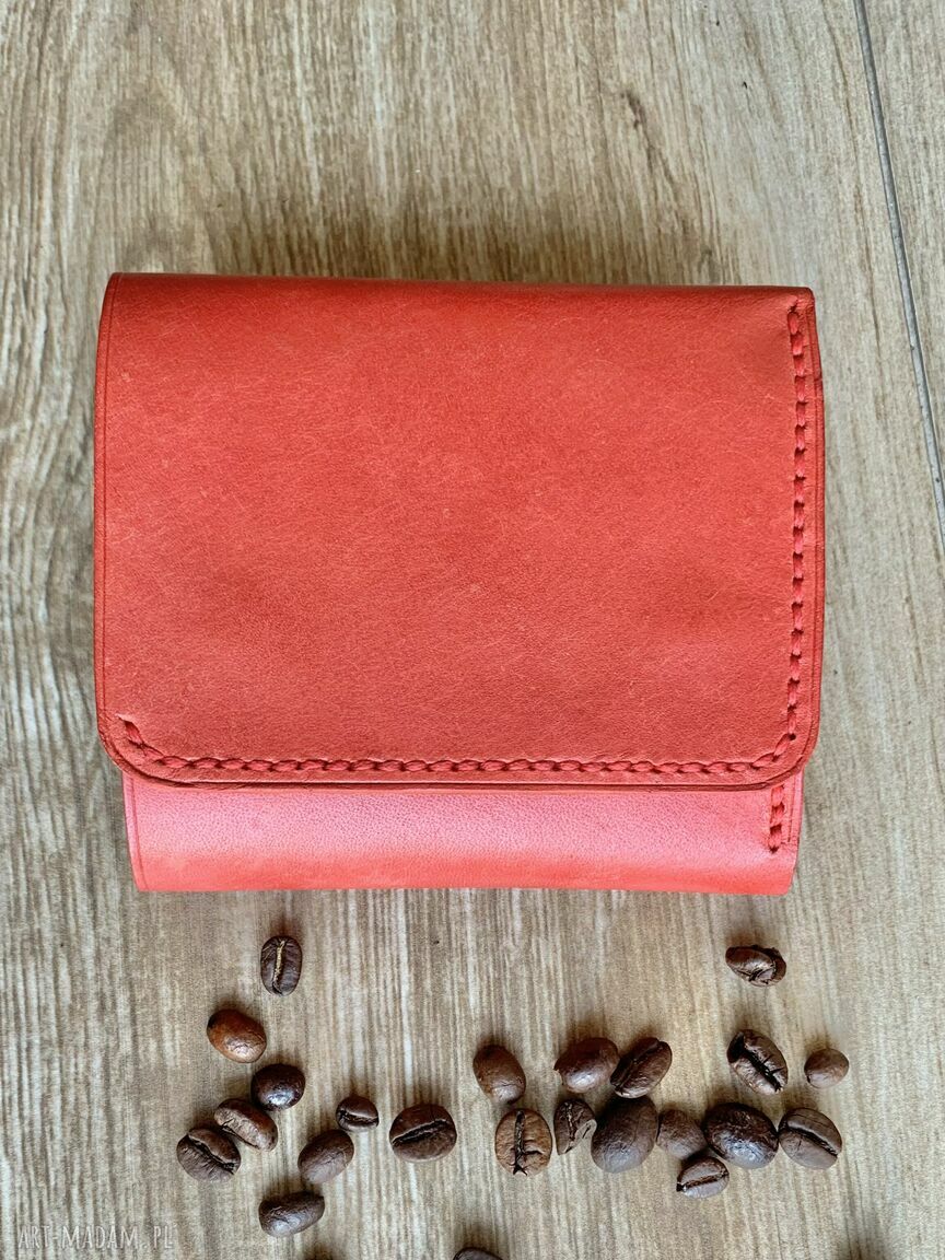 portfele: Czerwony portfel ze skóry na bilon i karty ręcznie uszyty. Handmade