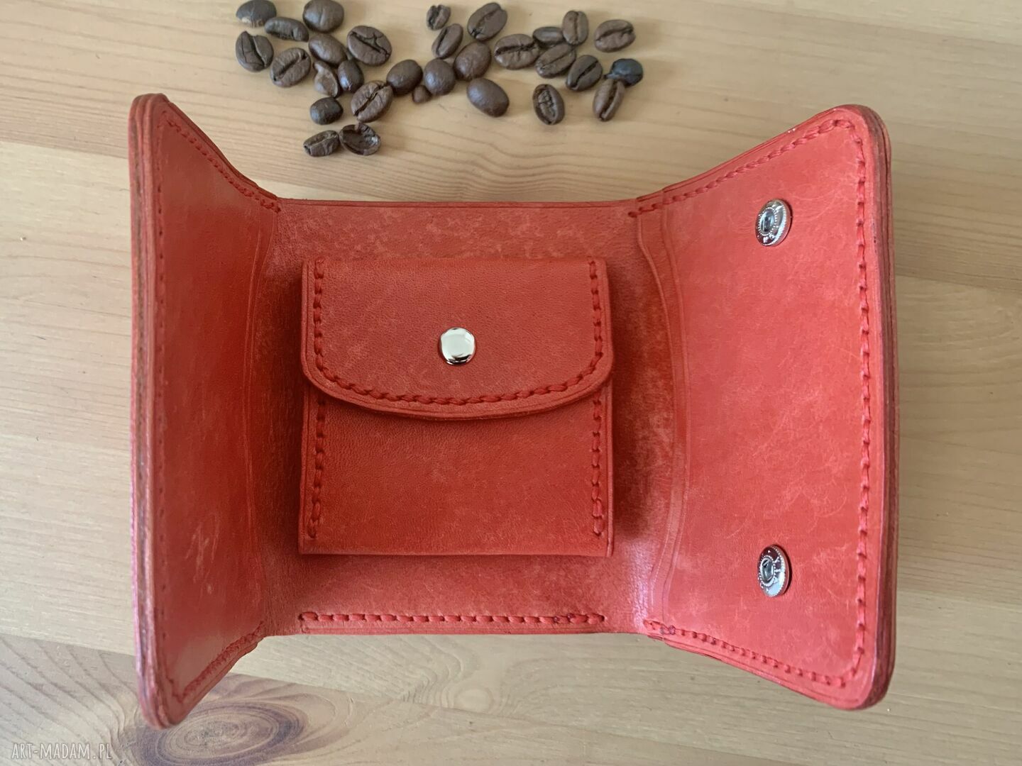 Czerwony portfel skóry bilon karty ręcznie uszyty duży damski