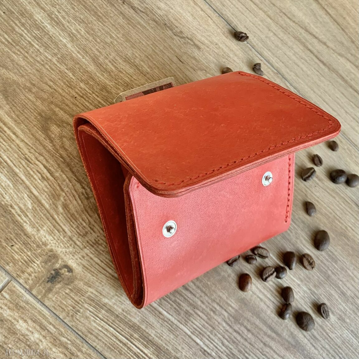 portfele: Czerwony portfel ze skóry na bilon i karty ręcznie uszyty. Handmade