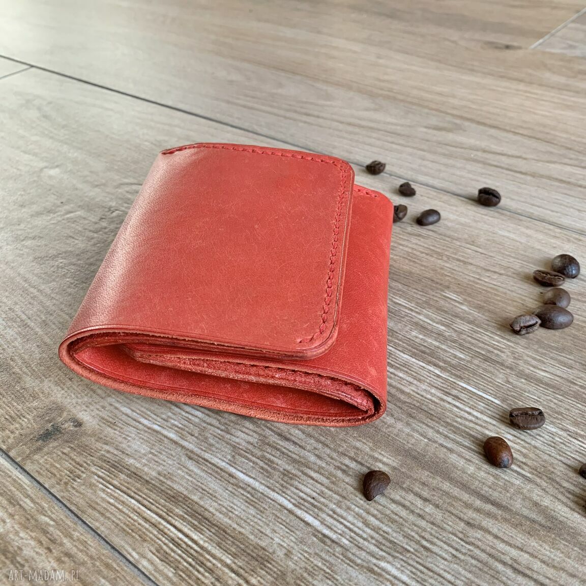 portfele: Czerwony portfel ze skóry na bilon i karty ręcznie uszyty. Handmade