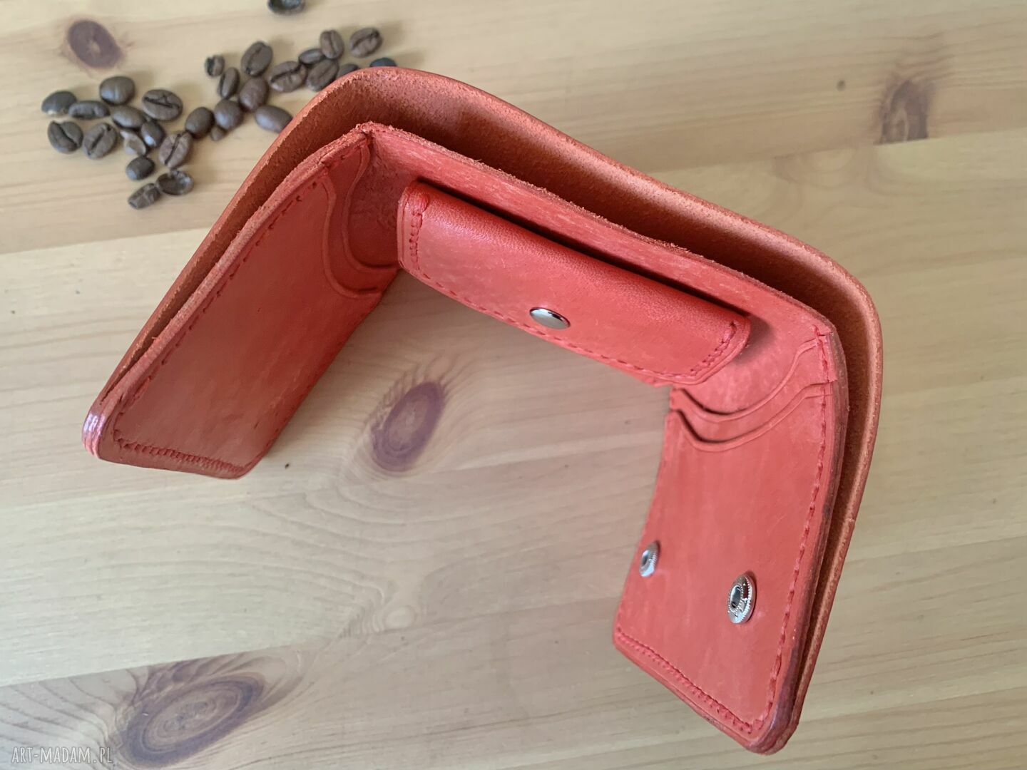 portfele: Czerwony portfel ze skóry na bilon i karty ręcznie uszyty. Handmade