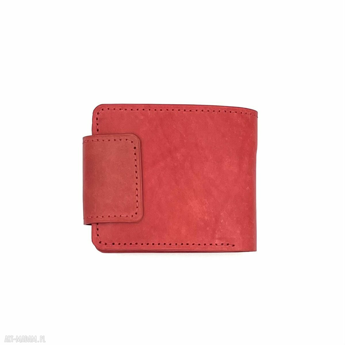 portfele: Czerwony skórzany portfel uszyty na bilon i karty. Ręcznie wykonane